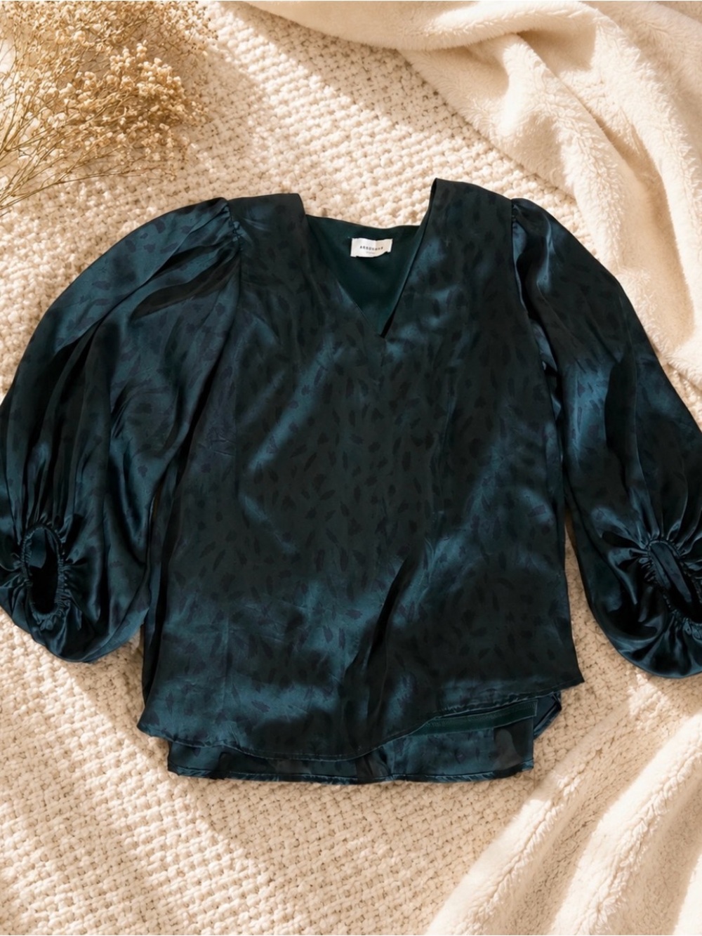 Adrienne Teal Satin V-Neck Puff-Sleeve Blouse